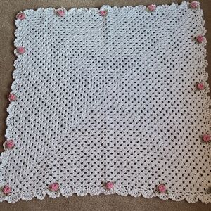 White Crochet Baby Blanket with Pink Rose Accents